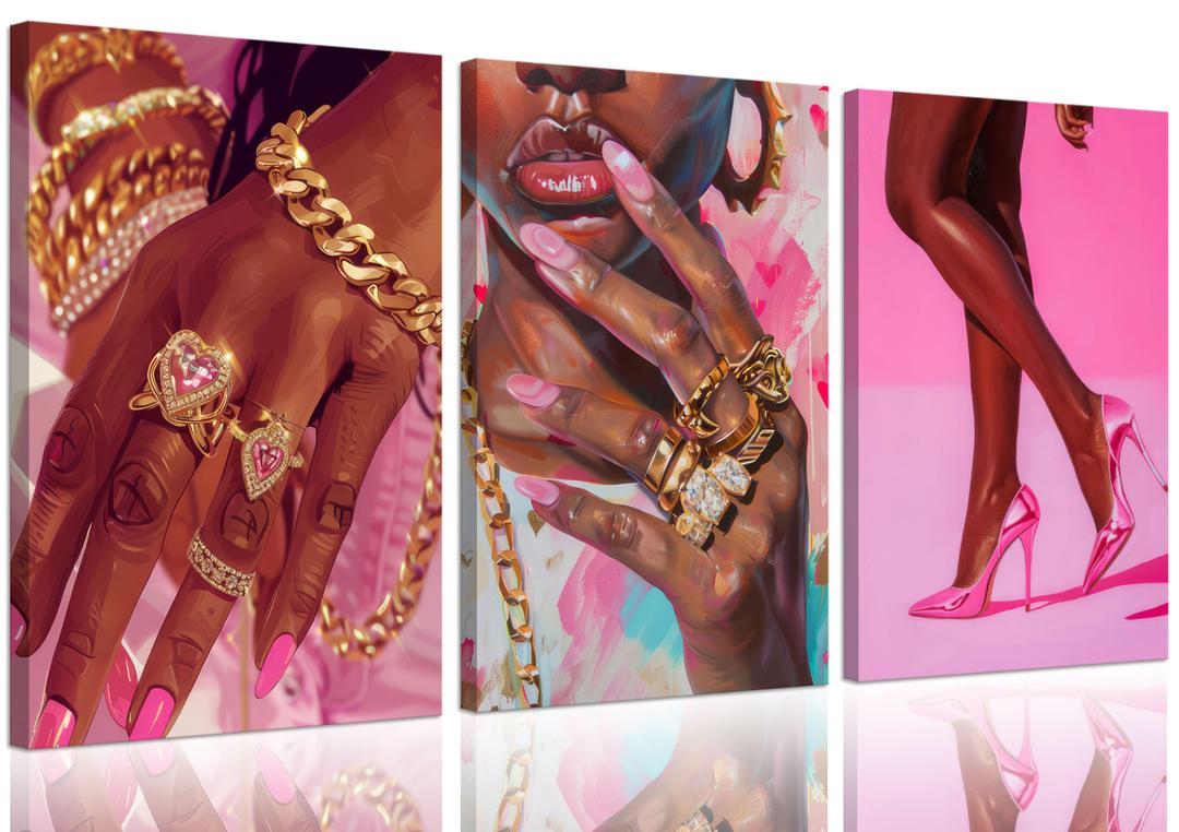3Pcs Pink Fashion Black Girl Canvas Wall Art African American Black Woman Wall Decor Pictures Gorgeous Black Girl Posters Prints for Living Room Bedroom Artwork Home Decoration Prepare to Hang