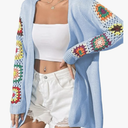 Lemamwu 2024 Boho Floral Pattern Crochet Open Front Long Sleeve Casual Knit Cardigan Sweater