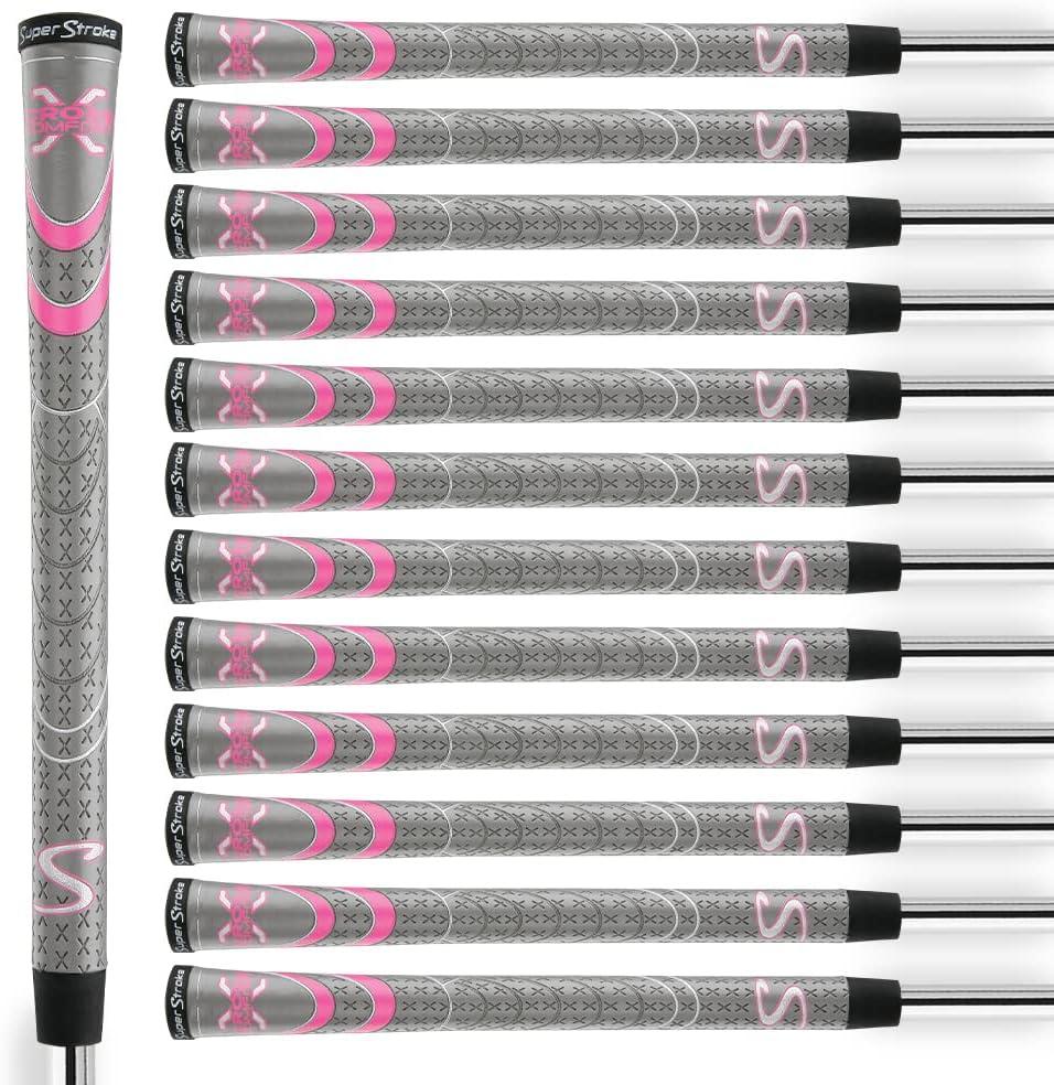 SuperStroke Cross Comfort Golf Club Grip, Gray/Pink (Undersize), Pack of 13 Soft & Tacky Polyurethane That Boosts Traction X-Style Surface & Non-Slip, Swing Faster & Square The Clubface More Naturally
