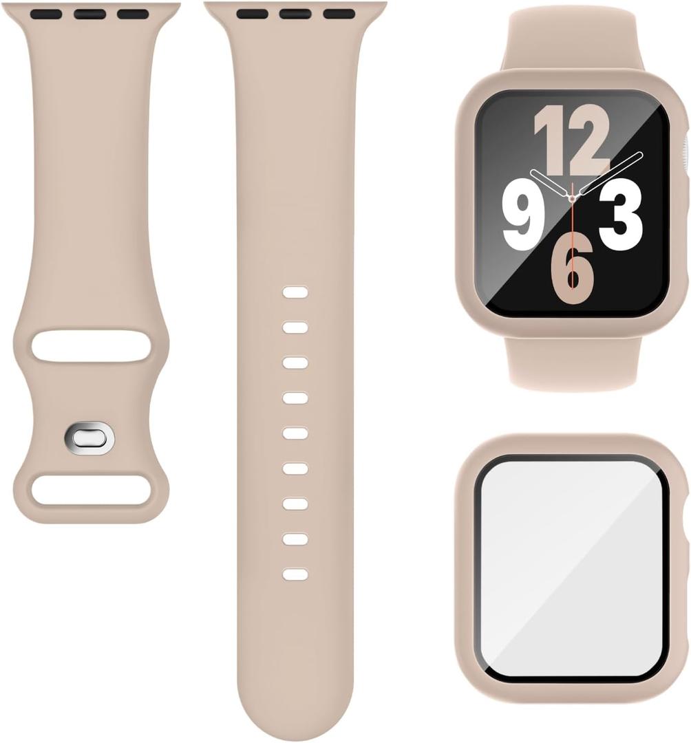 Compatible for Apple Watch Series 11 10 Band 46mm and Case with Screen Protector, Soft Silicone Sport Strap Bands and Protective Cover with Tempered Glass for iWatch Series 11 10 (Milk Tea)