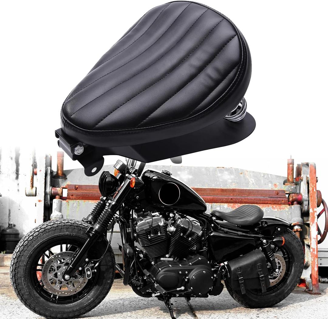 DREAMIZER Motorcycle Seat Cushion Driver Solo Seats with Spring Bracket PU Leather Compatible with Harley Honda Yamaha Kawasaki Sportster Iron 883 1200 Chopper Bobber Cafe Racer (Black,Vertical Line)