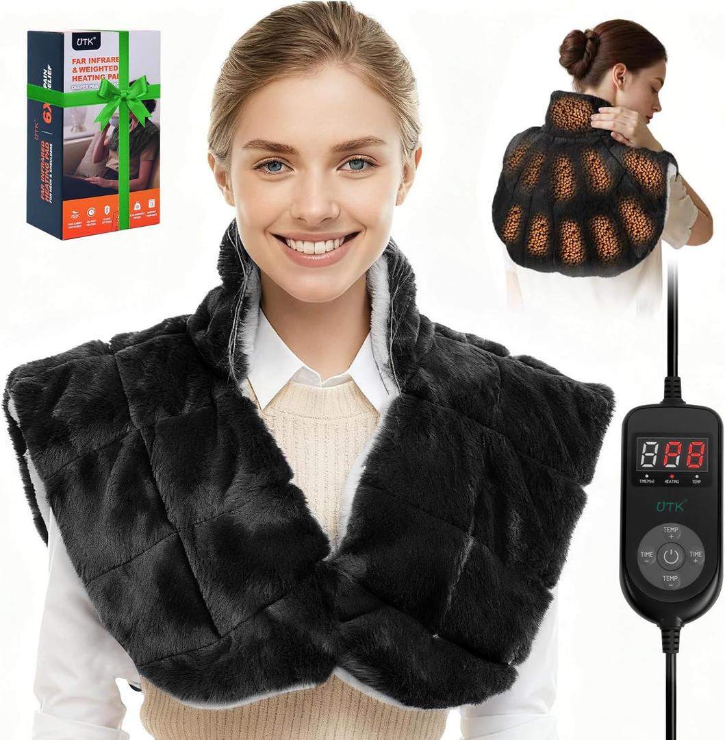 Weighted Heating Pad for Neck and Shoulders and Back,30s Fast Heating for Pain Relief, Ergonomic Heated Wrap, 160 Max Temp 8 Heat & 16 Auto-Off Timers,Memory Function,Birthday Gifts for Women,Black