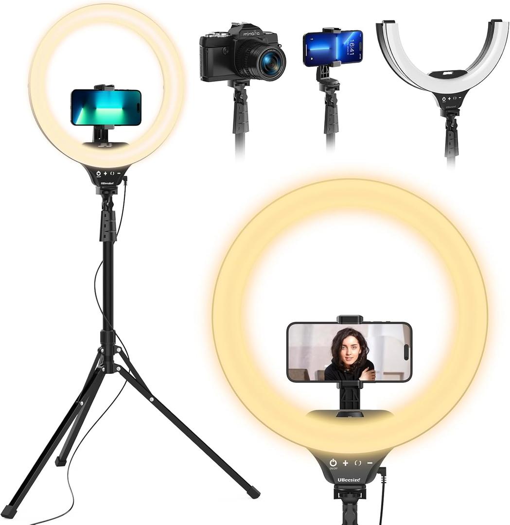 UBeesize 14'' Foldable Ring Light with 62'' Tripod Stand and Phone Holder, LED Selfie RingLight for iPhone with Remote, Circle Light for Tiktok/YouTube/Photography/Makeup/Live Stream (Black)
