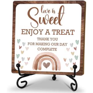 Boho Rainbow Wooden Sign,Love is Sweet Enjoy a Treat Sign, Dessert Table Sign,Desk Decor Sign with stand, Wedding Party Dessert Table Home Office Desk Cubicle Shelf Decor, 5x5 inches-A44 (Complete)