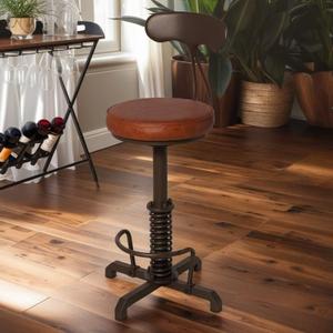 LOKKHAN American Antique Steampunk Bar Stool with Backs 24.41"-28.35" Vintage Industrial Adjustable Swivel Counter Stool for Home, Dining, Breakfast, Pub, Office, (Heavy Duty, Brown Top)