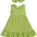 YOUNGER TREE Toddler Girl Summer Sundress Sleeveless Casual Dress Ruffle Hem Cotton Solid Outfits with Bowknot (Green)