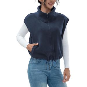 Women's Full Zip Fleece Short Vest Warm Winter Sleeveless Stand Collar Sherpa Crop Coat (Medium, Navy01)