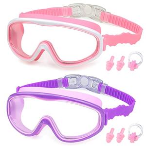 KAILIMENG 2 Pack Kids Swim Goggles, Clear Wide View No-Leak Anti-Fog UV Protection Swimming Glasses with Nose Clip Earplugs for Toddlers Youth Child 3-15 Years Old (Pink & Purple, 2 Pack)