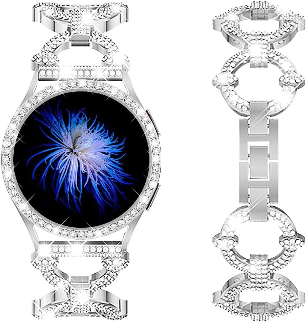 Mesime Bling Bands Compatible with Samsung Galaxy Watch 8/7 40mm 44mm, 20mm Stylish Replacement Strap Galaxy Watch 8/7 Band with Rhinestone Protective Case for Women (Silver)