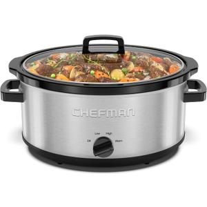 Chefman Slow Cooker 7 Quart, Large Family Size Slow Cooker with Low, High & Warm Settings, Removable Ceramic Crock, Tempered Glass Lid, Dishwasher-Safe for Easy Cleanup, Stainless Steel