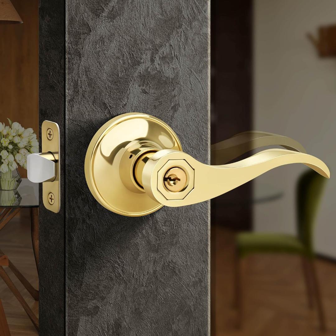 Moquin Wave Design Keyed Entry Door Lever with Lock, Reversible Door Handle for Right/Left Side for Front/Entrance Door Lock in Polished Brass Finish (1 Pack)