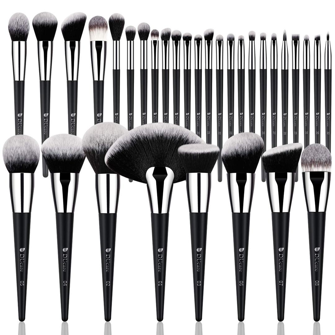 DUcare 32Pcs Makeup Brush Set, Black Kabuki Foundation Blending Brushes, Professional Face Eye Makeup Kit with Fan Concealer Contour Eyeshadow Brushes for Liquid Cream Powder