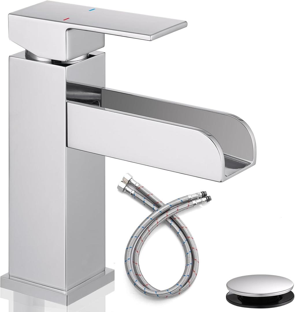 Waterfall Bathroom Sink Faucets 1 Hole, Chrome Brass Bathroom Faucet Single Handle, Lead-Free Vessel Sink Faucet for RV Lavatory Vanity, Pop-up Drain & Supply Hoses Assembly, MP101CP