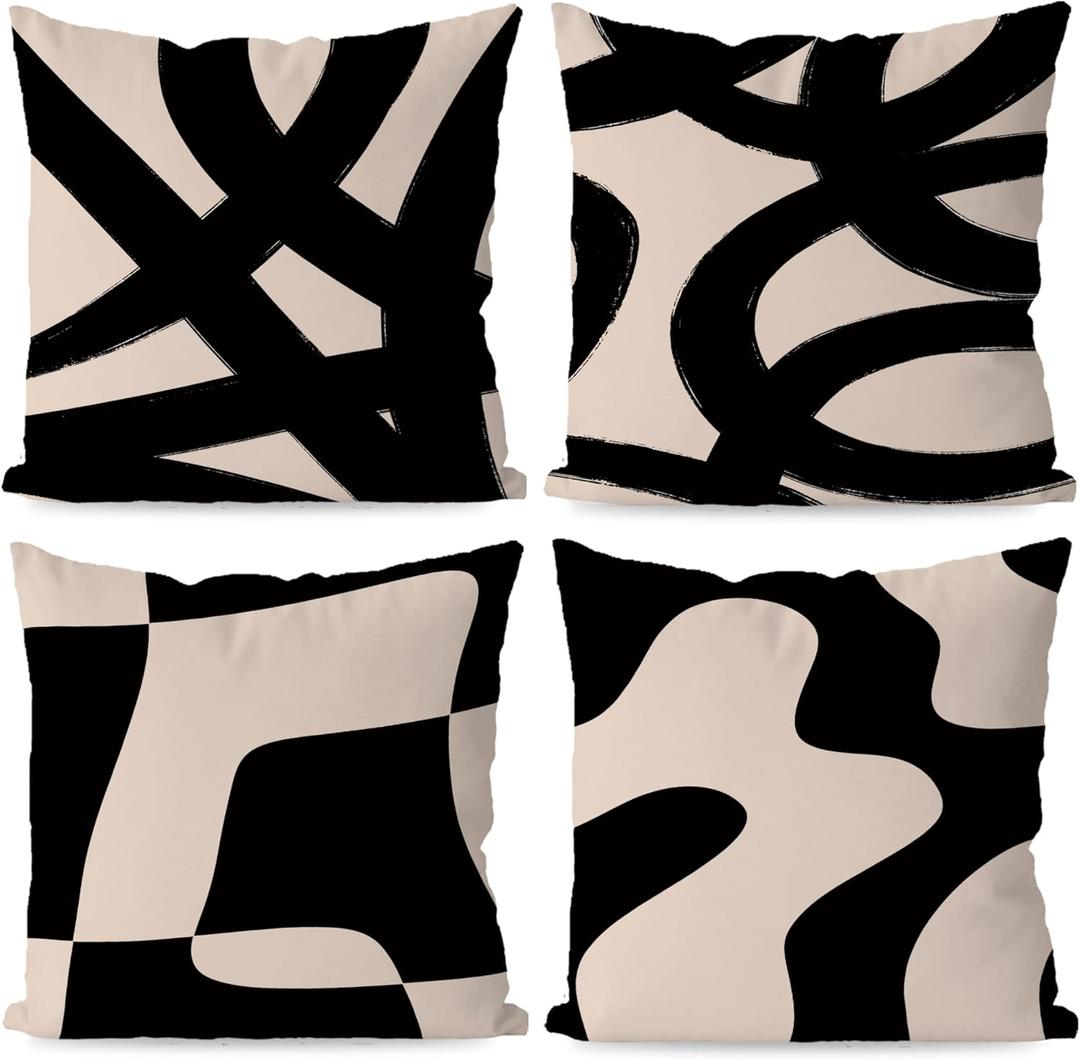 KEUSPI Black and Beige Pillow Cover Modern Abstract Neutral Art Decor for Sofa Home Living Room Decor, Abstarct Art Throw Pillow Case 20x20 Set of 4 (Beige)