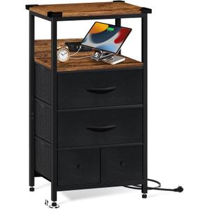 Night Stand, Bedside Table, Adjustable Leveling Dorm Nightstand with 4 Drawers Storage, End Table with Corner Protectors, Nightstand with Charging Station, 4-TiersRustic Brown, 15.75 Inch