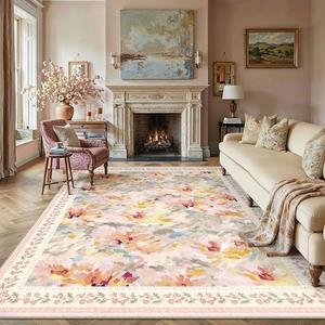 WondRg 8x10 Washable Area Rug Beige Pink Living Room Bedroom Floral Throw Rug Abstract Modern Non Slip Soft Low Pile Large Carpet for Dining Room Office Nursery