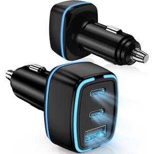USB C Car Charger, 3 Port PD Super Mini Cigarette Lighter Adapter, 2Pack USB-C & A Fast Car Charging for iPhone 16/15 Pro Max, Galaxy S25/S24, iPad, Pixel, Android Phones,Travel Essentials for Men