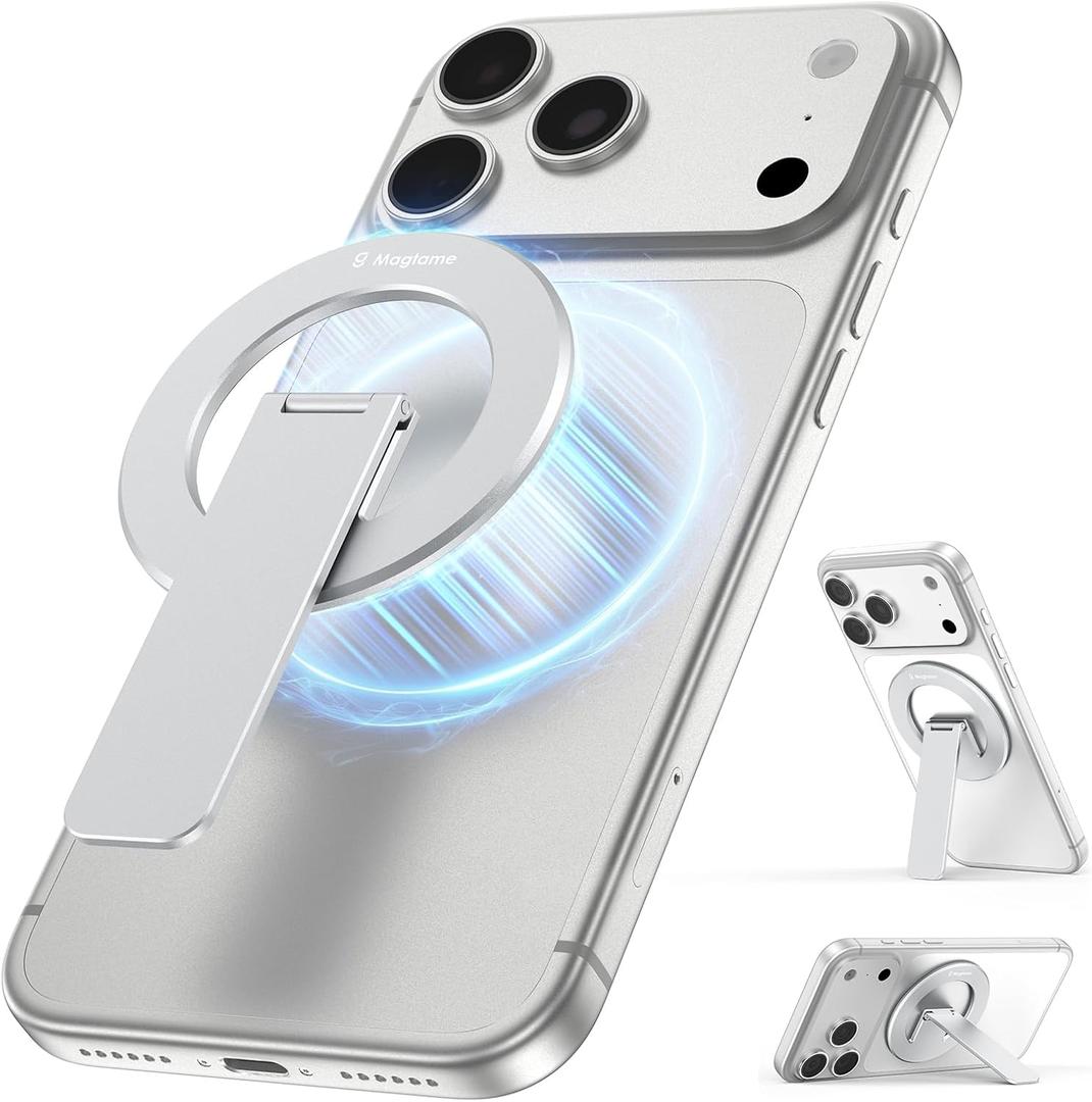 Magtame Magnetic Phone Stand Grip, 3-in-1 for MagSafe Phone Holder & Kickstand, Durable Silver Aluminum Grip, Ultra-Slim 2mm, 360 Rotation, Detachable for MagSafe Charging, Works with iPhone 1712