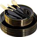 150pcs Black Plastic Plates, Black and Gold Plates,Gold Plastic Silverware,Black and Gold Dinnerware Set,Premiun Taleware,Perfect for Birthday,Party,Wedding,Anniversary