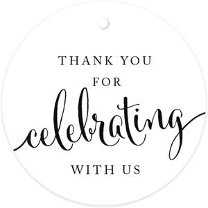 Andaz Press Circle Gift Tags, Thank You for Celebrating with Us, White, 24-Pack, Round Thanks Tag for Baby Bridal Wedding Shower, Anniversary Celebration, Graduation, Outdoor Event, White Tag
