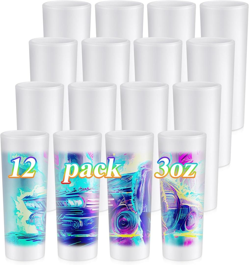 Hsei 12 Pcs Sublimation Frosted Shot Glasses 3 oz Shot Glasses Sublimation Blanks Personalized Glass Cups with Heavy Base for Wine Beer Vodka Whiskey Espresso