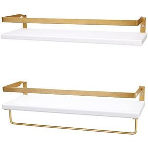 Peter's Goods Modern Floating Shelves with Rail, Modern Brass Finish, Set of 2 Shelves - Wall Mounted Bathroom Wall Shelves with Towel Bar - Also Perfect for Bedroom Decor and Kitchen Storage