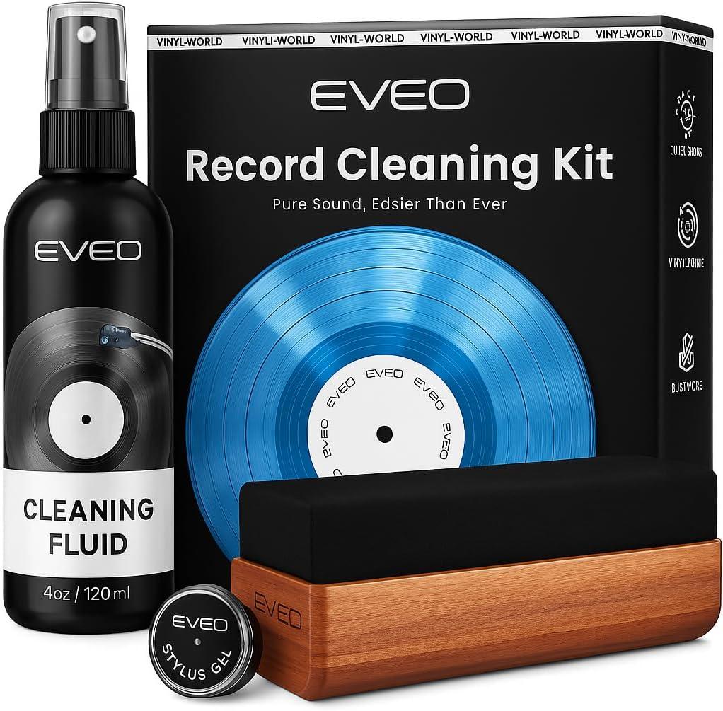 EVEO Vinyl Record Cleaning Kit - 4in1 Vinyl Record Cleaner Kit for Vinyl Records Albums. Vinyl Cleaner Includes XL Record Brush, Cleaning Liquid (4oz), Duster & Stylus Cleaning Gel - Archival Standard