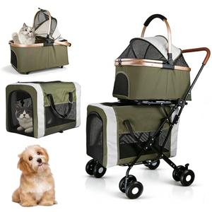 Double Pet Stroller for Dogs and Cats: Dog Stroller Foldable Travel Carriage with Detachable Carriers, Safety Belts, and 4 Lockable Wheels for Small to Medium Pets – Ideal for Multi-Pet Homes (Green)