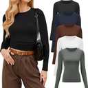 CE' CERDR 3/5 Pack Womens Long Sleeve Shirts Crew Neck Basic Tees Tight Fitted Casual Going Out Stretchy Slim Tops (M)
