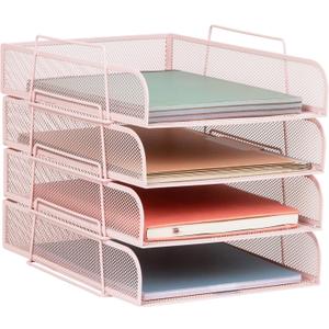 Mind Reader Stackable Paper Tray, Desktop Organizer, File Storage, Office, Metal Mesh, 10.5" L x 13.5" W x 11.25" H, 4 Pcs., Pink