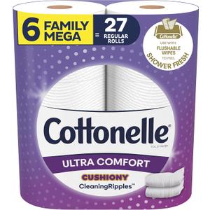 Cottonelle Ultra Comfort Toilet Paper with Cushiony CleaningRipples Texture, Strong Bath Tissue, 6 Family Mega Rolls (6 Family Mega Rolls = 27 Regular Rolls), 325 Sheets per Roll, 4 Pack