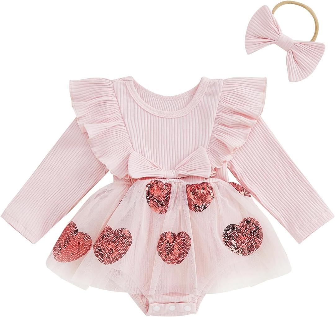 Baby Girl Tulle Romper Dress Bodysuit Tutu Skirt Infant Cake Smash Outfits with Headband (US, Age, 12 Months, 18 Months, Pink Long Sleeve)