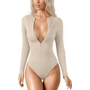 OQQ Women's Bodysuit Tops Invisible Zip Long Sleeve Crew Neck Bodysuits (Medium, Oatmeal)