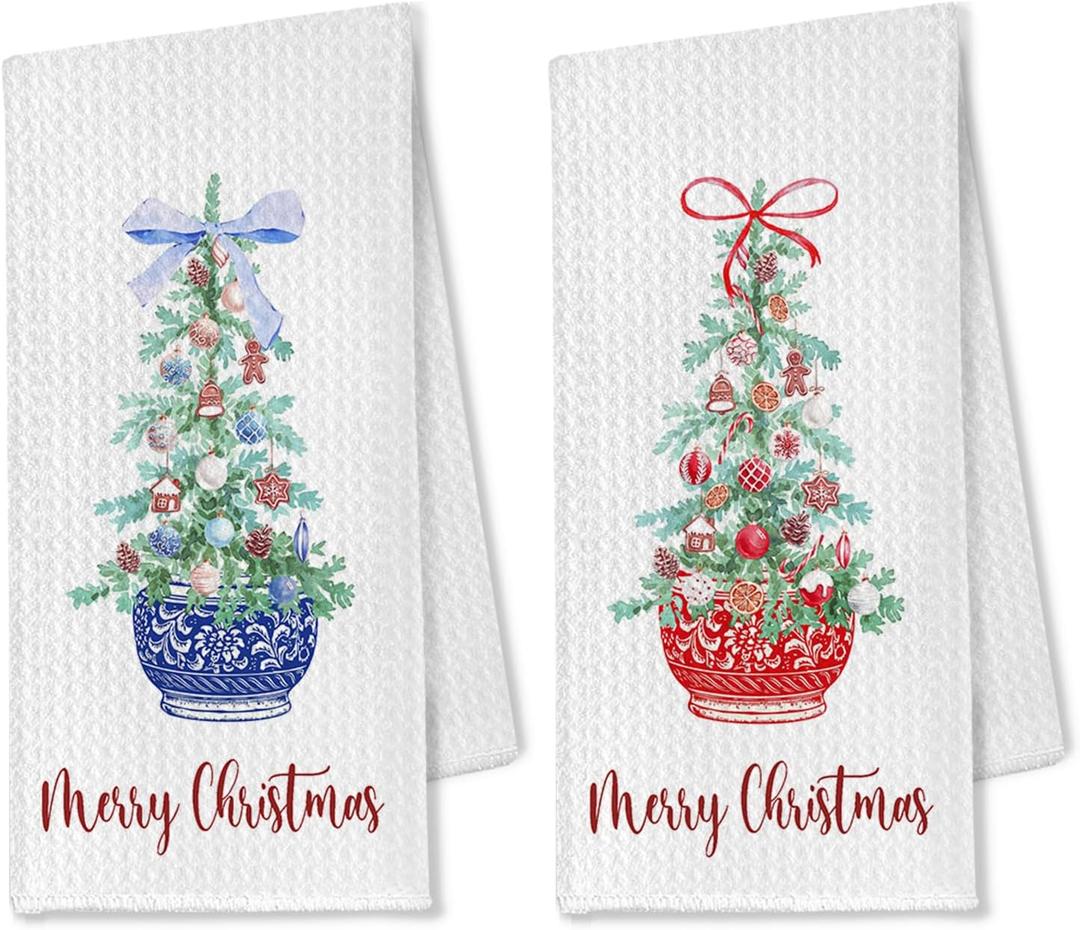 Chinoiserie Blue and White Christmas Tree Towels - Set of 2, Kitchen and Bathroom Hand Towels - Coquette Red Blue Decorations