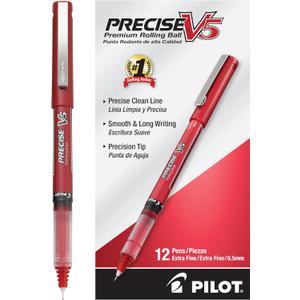 Pilot, Precise V5, Capped Liquid Ink Rolling Ball Pens, Extra Fine Point 0.5 mm, Red, Pack of 12