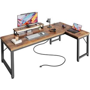 PRAISUN 61" L Shaped Computer Desk, Outlets, Monitor Stand, Rustic Brown