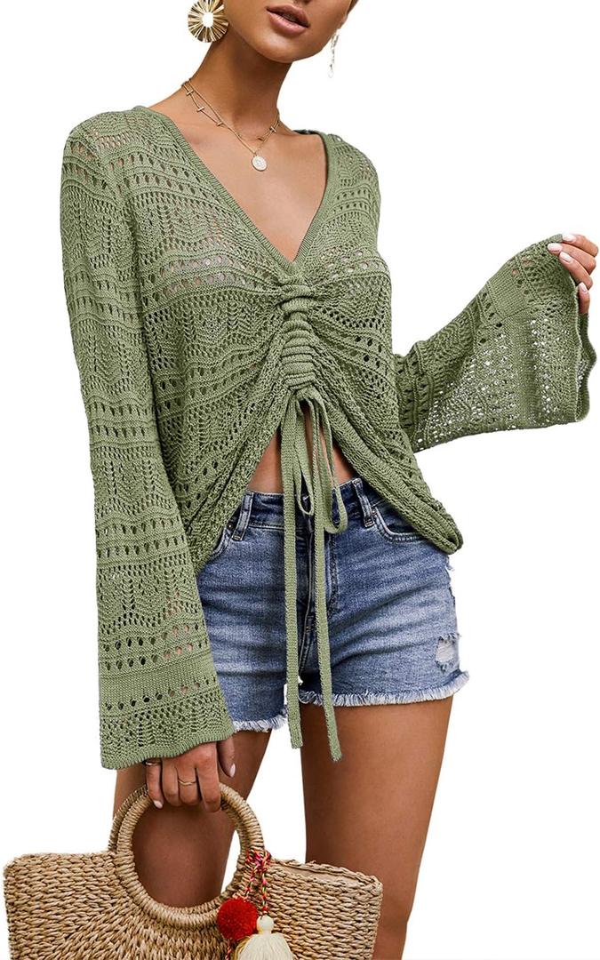 Saodimallsu Womens Boho Off Shoulder Sheer Crop Tops Bell Sleeve Flowy Oversized Crochet Ruched Pullover Sweaters (Medium, Army Green)