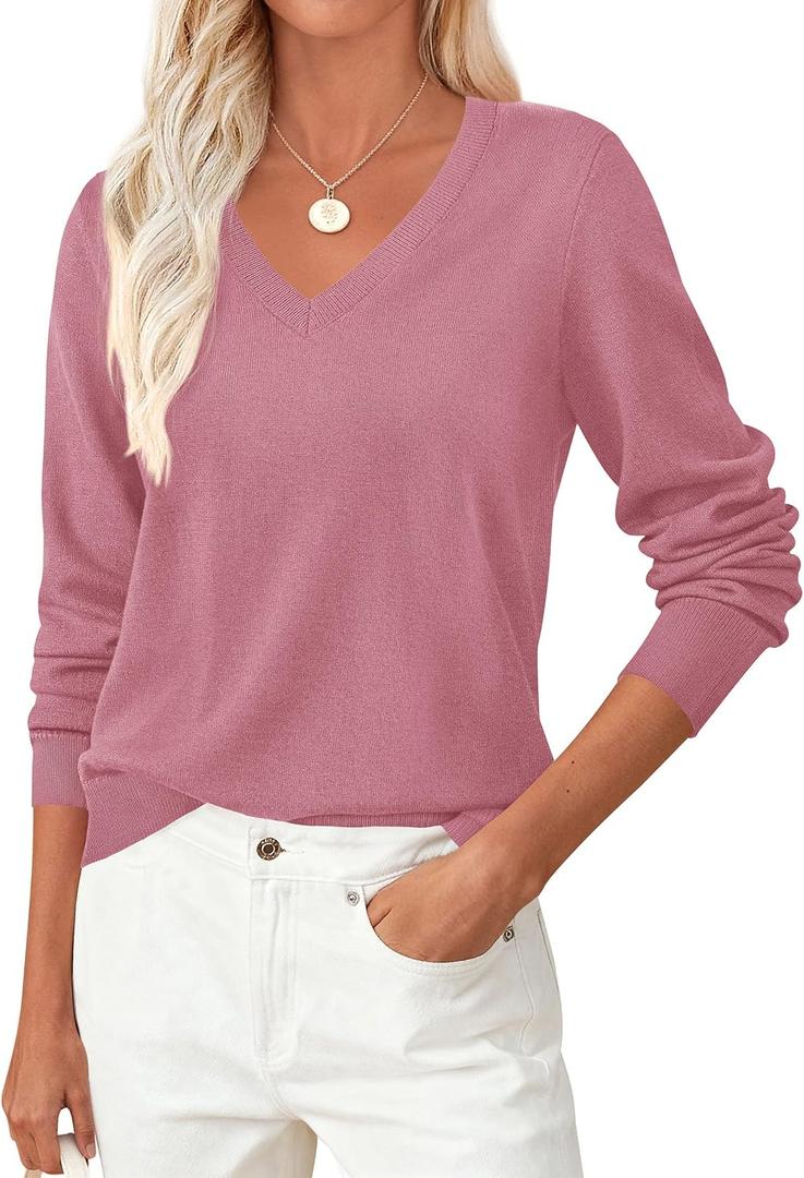 PRETTYGARDEN Women's V Neck Sweaters 2026 Fall Casual Long Sleeve Classic Pullover Cozy Knit Tops Loose Basic Winter Clothing (Large, Coral Pink)