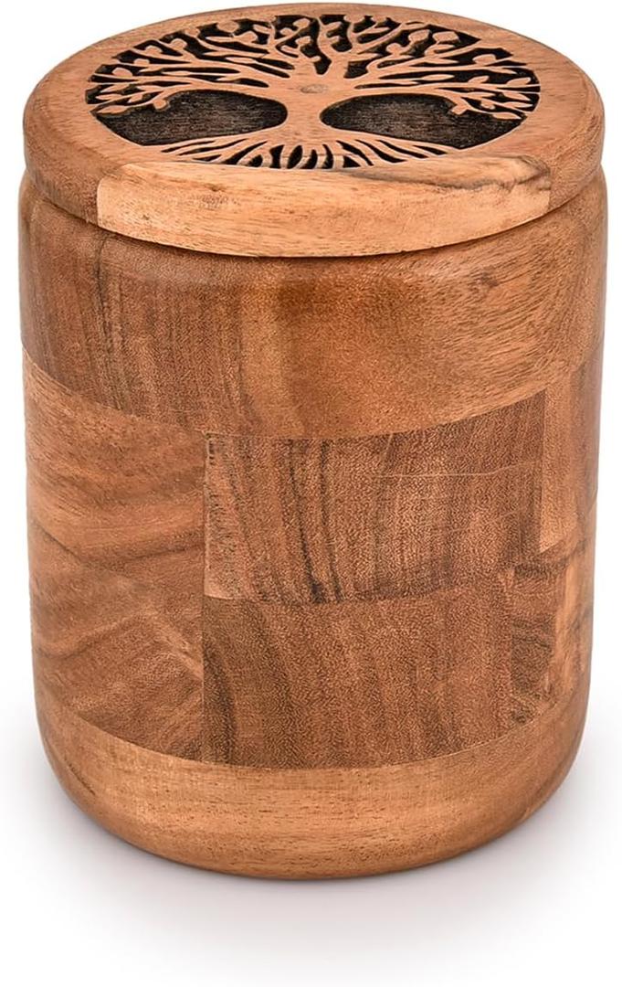 Kimona Food Jars & Canisters for Kitchen Counter, Wooden Food Storage Jars Tree Of Life Engraved on Lid Storage Container for Kitchen, Coffee, Flour (4.5" X 4.5" X 6")