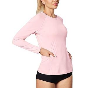 IUGA Rash Guard For Women UPF 50+ SPF UV Protection Long Sleeve Workout Tops With Pockets Dry Fit Hiking Swim Shirt - Color Pink, Medium