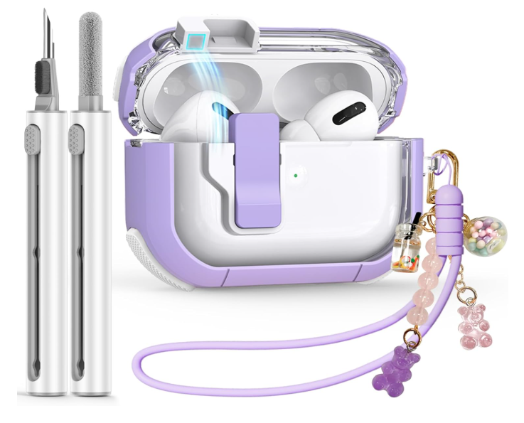Clear Case for AirPods Pro 2nd/1st Generation Case, Secure Lock Case for Apple Airpod Pro 2&1 Gen Case Cover with Silicone Wrist Strap Cute Candy Keychain for Women, Purple