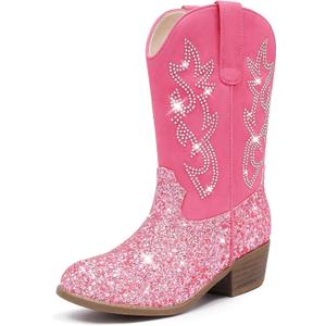 Cowboy Boots for Girls Pointed Toe Kids Cowgirl Boots Mid Calf Western Youth Cowgirl Boots Horse Riding Party (Pink Sequin), Size: 12 Little Kid