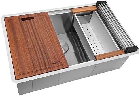 Ruvati 32-inch Workstation Undermount 16 Gauge Stainless Steel Kitchen Sink Single Bowl- Soundproof Undermount Sink with Brushed Finish hides scratches, Modern Workstation Kitchen Sink-RVH8300