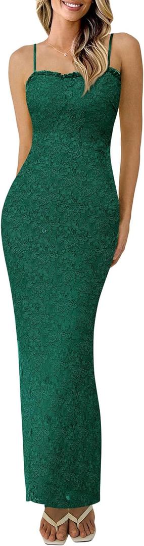 PRETTYGARDEN Summer Dresses for Women 2026 Lace Floral Bodycon Semi Formal Party Wedding Guest Boho Maxi Dress (Dark Green,Medium)