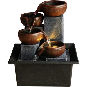 Indoor 4-Tier Relaxation Tabletop Fountain Waterfall Function with Warm Color LED Lights and 3-Level Adjustable Water Pump for Home and Office Decoration Brown