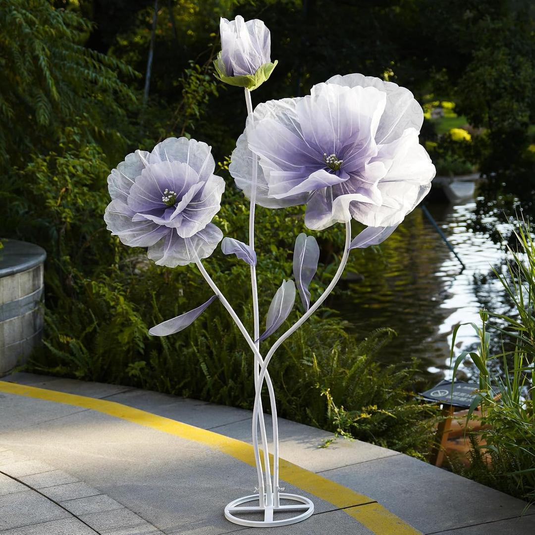 Giant Artificial Flower Decor, Oversized Gradient Organza Flower with Bendable Stem, DIY Shape Fake Flower Sculpture with Heavy Base for Wedding, Event, Party & Photo Backdrop, Store Display (Purple)