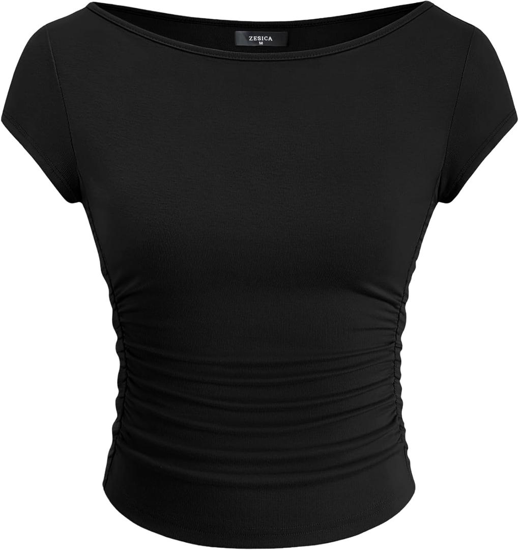 ZESICA Women's Summer Boat Neck Short Sleeve T Shirts 2026 Spring Slim Fit Y2k Going Out Crop Tops Basic Trendy Outfits (Black, S)