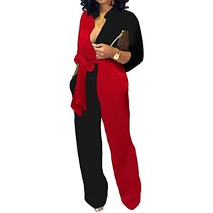 SeNight Women's Jumpsuits Elegant Business Casual Button Down V Neck Long Sleeve Strap Straight Long Pants With Pockets L, Black Red