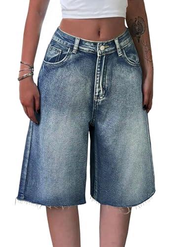 EMMIOL Women Jorts Jeans Wide Leg Baggy Jeans Mid-Low Waist Y2K Vintage Streetwear Denim Shorts, L