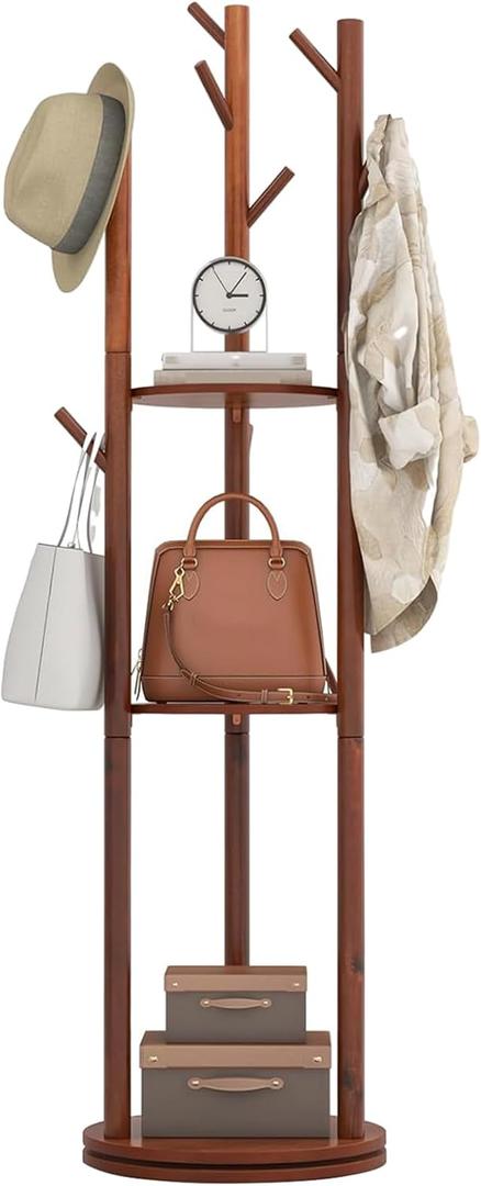 Generic Wooden Coat Rack Freestanding with 3 Shelves and 9 Hooks, Sturdy and Easy Assembly Coat Tree Stand for Entryway, Hallway, Bedroom, Coats, Bags, Hats, Walnut